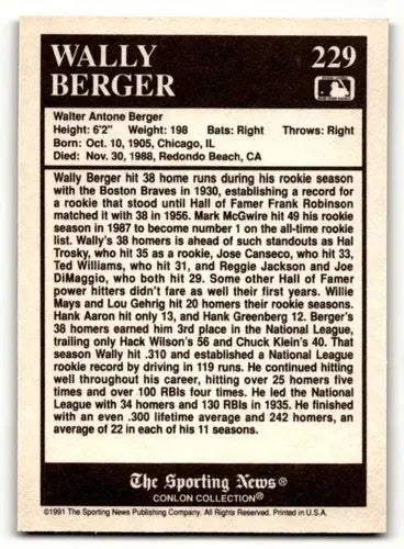 1991 Conlon Collection TSN #229 Wally Berger Boston Braves Baseball ID:53024 - Baseball Card Single