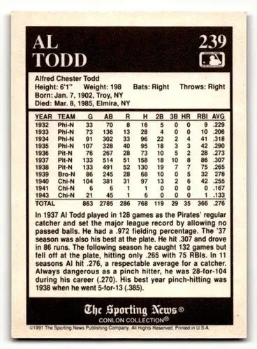 1991 Conlon Collection TSN #239 Al Todd Philadelphia Phillies Baseba ID:53016 - Baseball Card Single