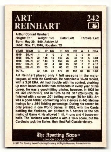 1991 Conlon Collection TSN #242 Art Reinhart St. Louis Cardinals Bas ID:53014 - Baseball Card Single