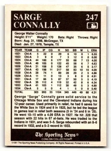 1991 Conlon Collection TSN #247 Sarge Connally Cleveland Indians Bas ID:53009 - Baseball Card Single