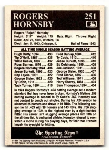 1991 Conlon Collection TSN #251 Rogers Hornsby St. Louis Cardinals B ID:53005 - Baseball Card Single