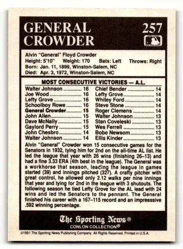 1991 Conlon Collection TSN #257 General Crowder Washington Senators ID:53001 - Baseball Card Single