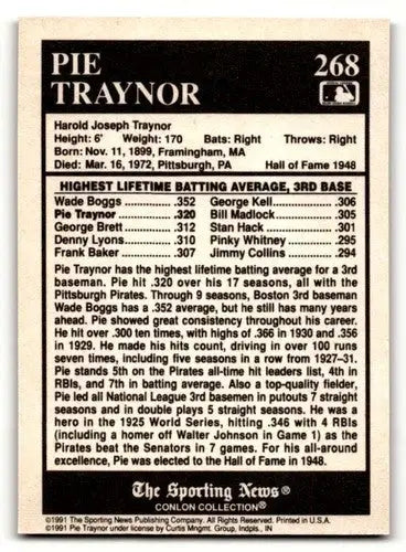 1991 Conlon Collection TSN #268 Pie Traynor Pittsburgh Pirates Baseb ID:52992 - Baseball Card Single