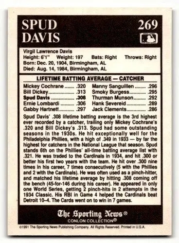 1991 Conlon Collection TSN #269 Spud Davis St. Louis Cardinals Baseb ID:52991 - Baseball Card Single