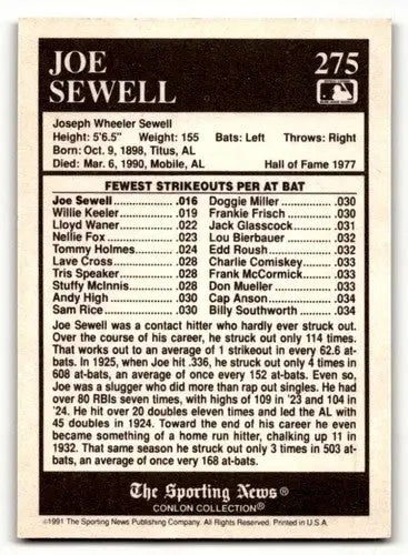 1991 Conlon Collection TSN #275 Joe Sewell New York Yankees Baseball ID:52957 - Baseball Card Single
