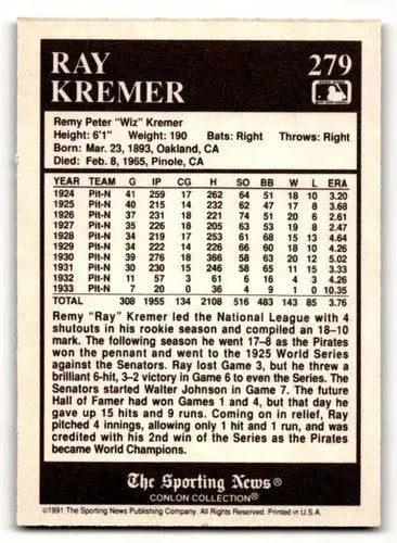 1991 Conlon Collection TSN #279 Ray Kremer Pittsburgh Pirates Baseba ID:52953 - Baseball Card Single