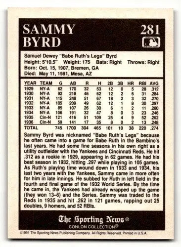 1991 Conlon Collection TSN #281 Sammy Byrd Cincinnati Reds Baseball ID:52951 - Baseball Card Single