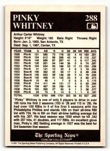 Original gloss Pinky Whitney baseball card from the Conlon Collection Boston Braves