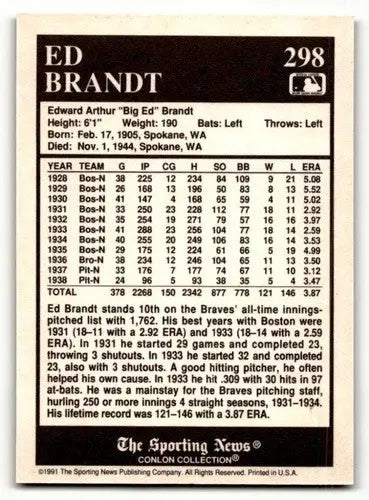 1991 Conlon Collection TSN #298 Ed Brandt Boston Braves Baseball Car ID:52977 - Baseball Card Single