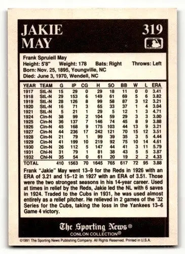 1991 Conlon Collection TSN #319 Jakie May Cincinnati Reds Baseball C ID:52979 - Baseball Card Single