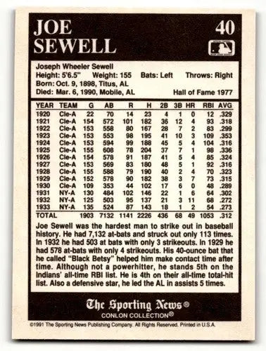 1991 Conlon Collection TSN #40b Joe Sewell ’HOF’ w/Year Banner on Front ID:52889 - Baseball Card Single