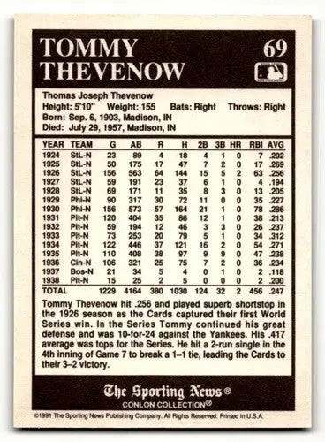 1991 Conlon Collection TSN #69 Tommy Thevenow Cincinnati Reds Baseba ID:52861 - Baseball Card Single