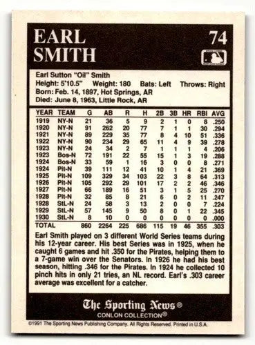 1991 Conlon Collection TSN #74 Earl Smith Pittsburgh Pirates Basebal ID:52856 - Baseball Card Single