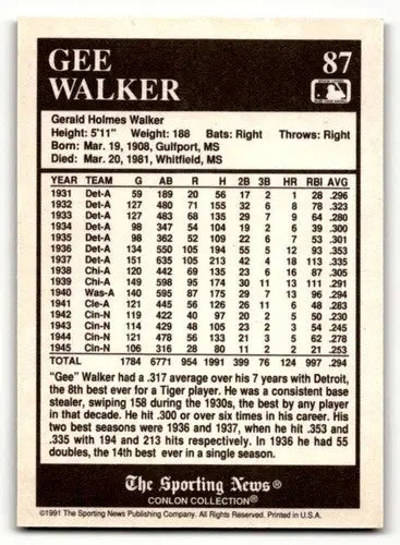1991 Conlon Collection TSN #87 Gee Walker Detroit Tigers Baseball Ca ID:52925 - Baseball Card Single