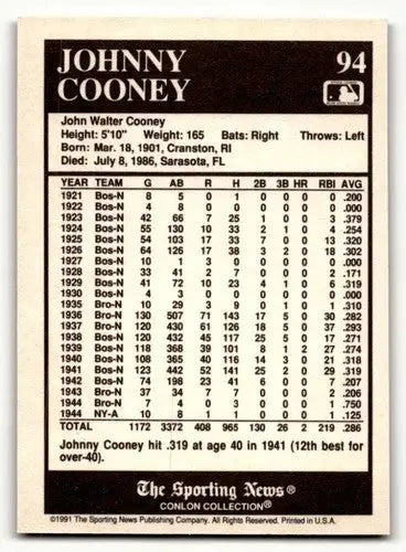 Original gloss Johnny Cooney baseball card from Conlon Collection TSN featuring Brooklyn Dodgers