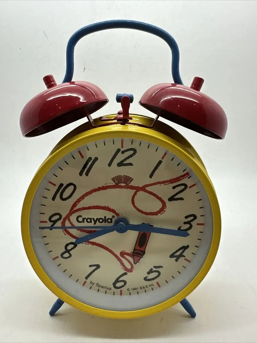 Yellow and red Crayola Alarm Clock with twin bells, perfect for kids’ rooms