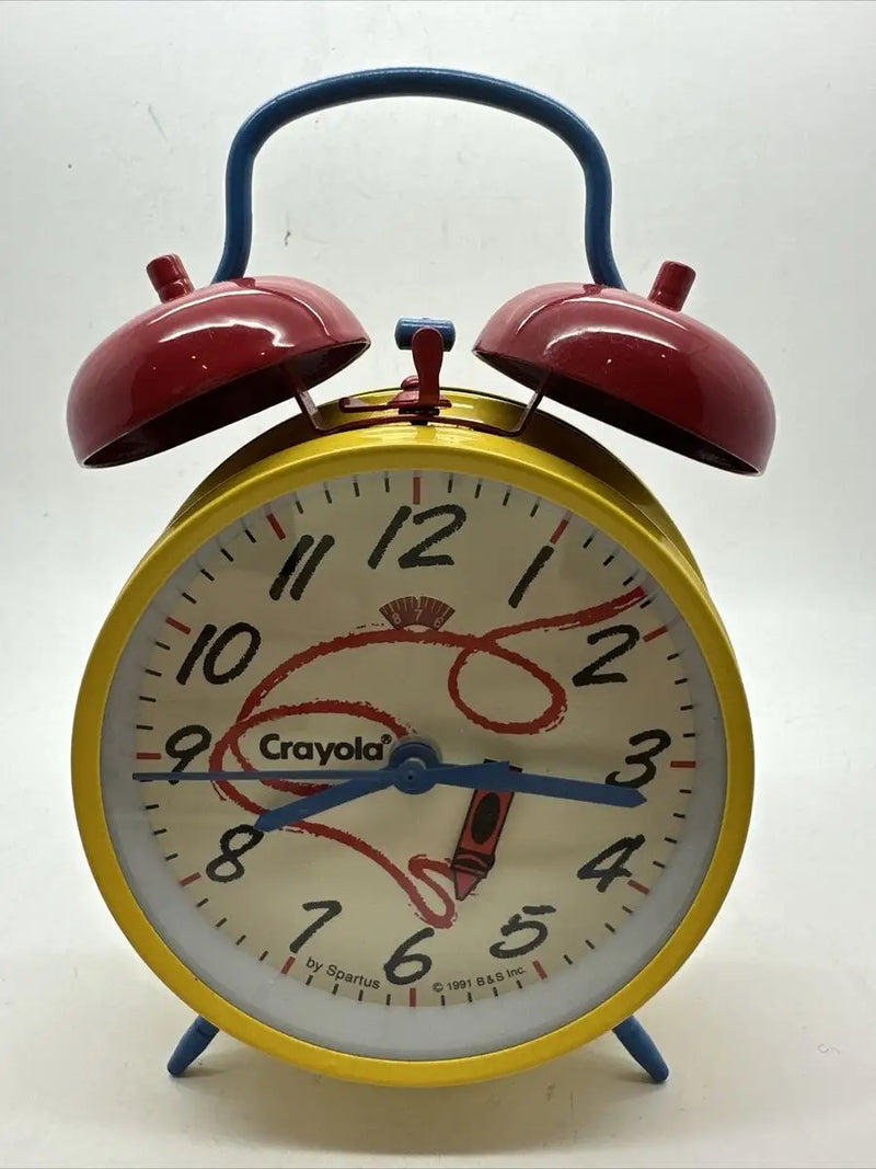 Yellow and red Crayola Alarm Clock with twin bells, perfect for kids’ rooms