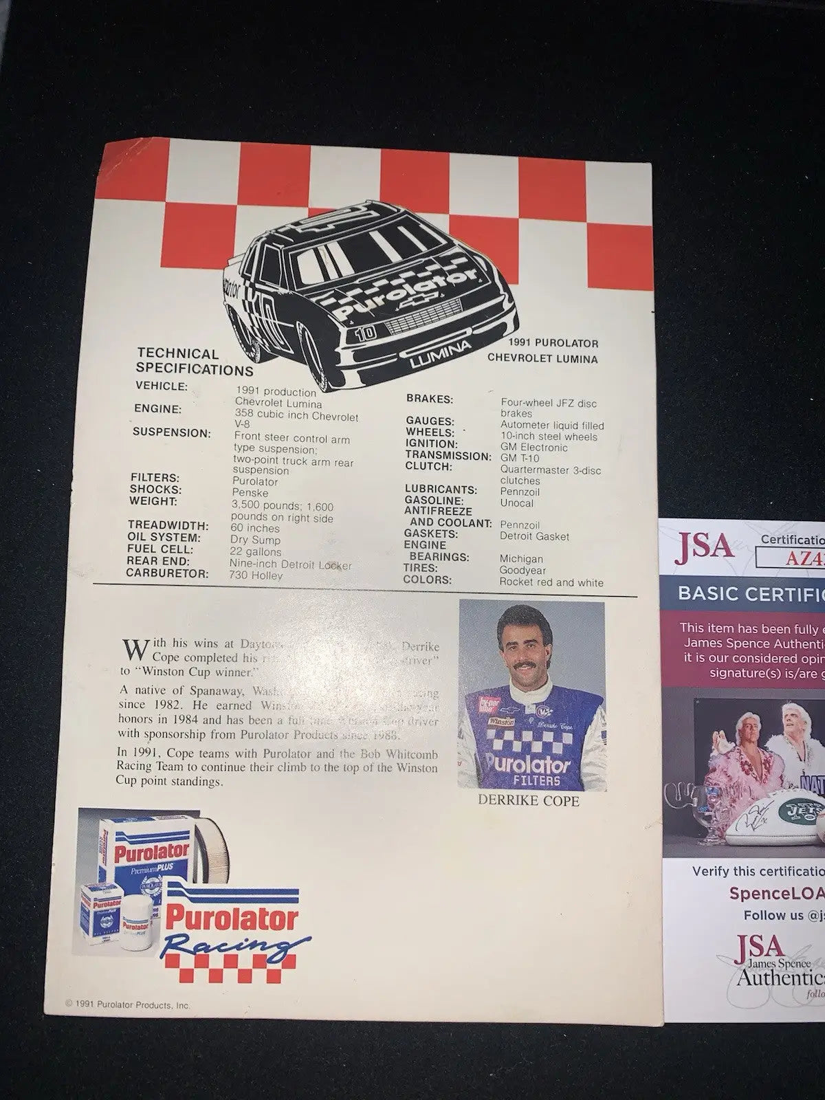Vintage racing brochure for 1991 Derrike Cope Purolator Chevrolet Lumina promo auto