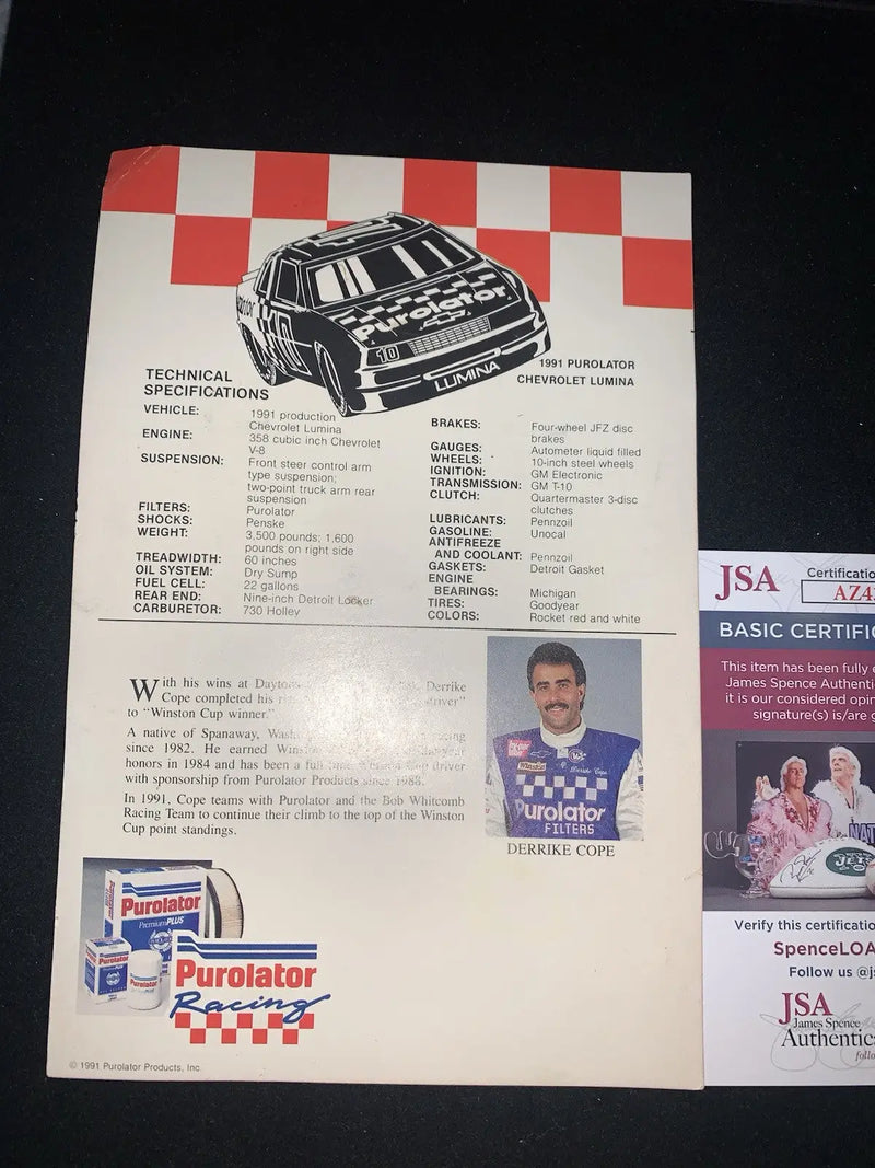 Vintage racing brochure for 1991 Derrike Cope Purolator Chevrolet Lumina promo auto