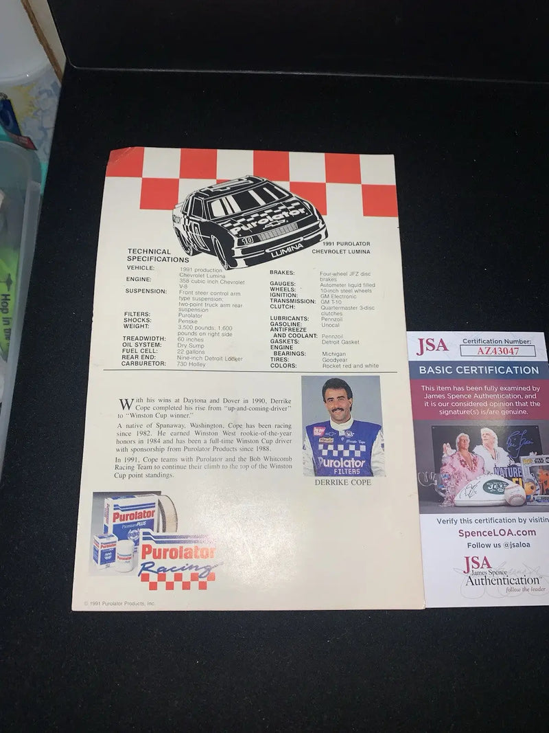 Racing car brochure for 1991 Derrike Cope Purolator Chevrolet Lumina promo autograph