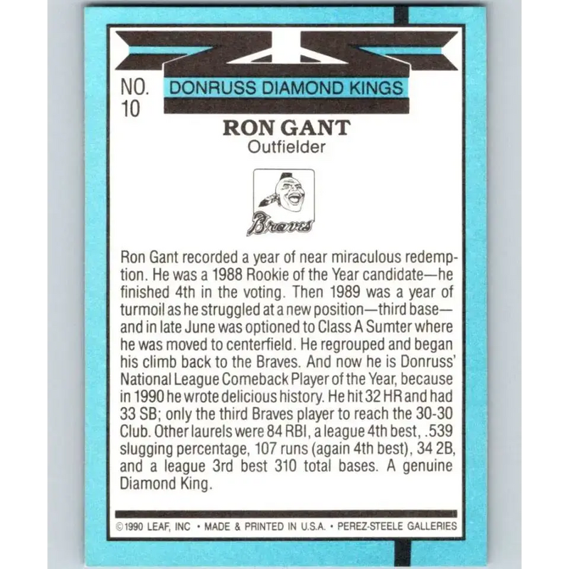 1991 Donruss #10 Ron Gant DK UER NM-MT Atlanta Braves Baseball Card - Baseball Card Single