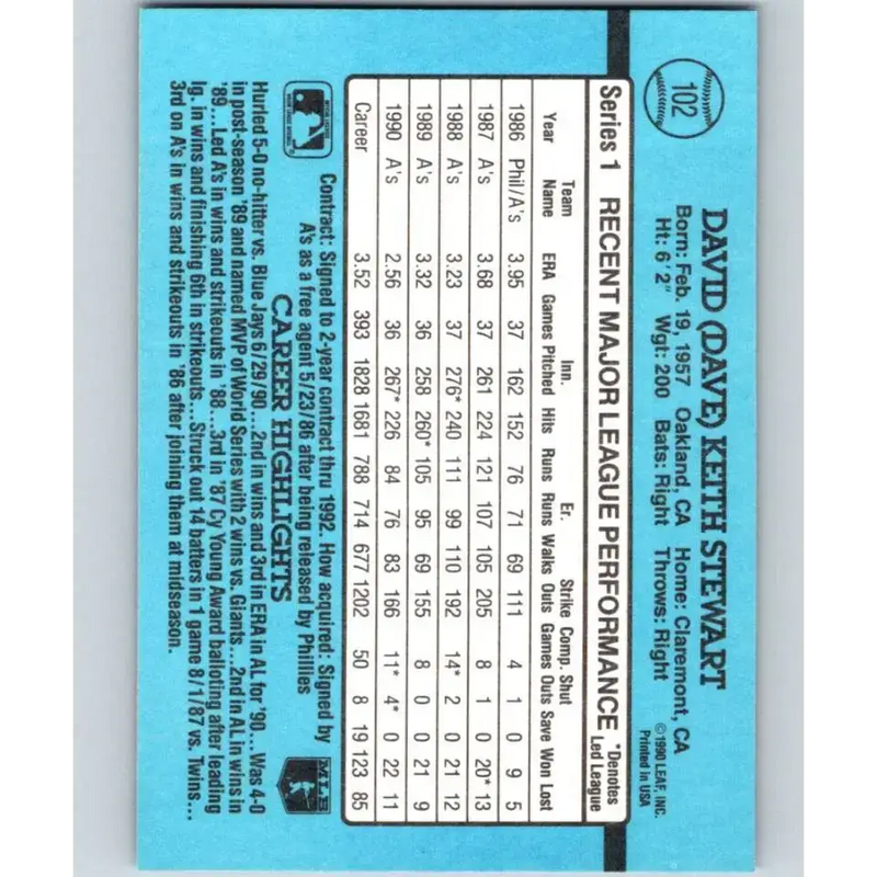 1991 Donruss #102 Dave Stewart NM-MT Oakland Athletics Baseball Card - Baseball Card Single