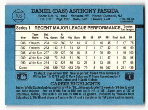 1991 Donruss #103 Dan Pasqua Chicago White Sox Baseball Cards EX/NM ID:57664 - Baseball Card Single
