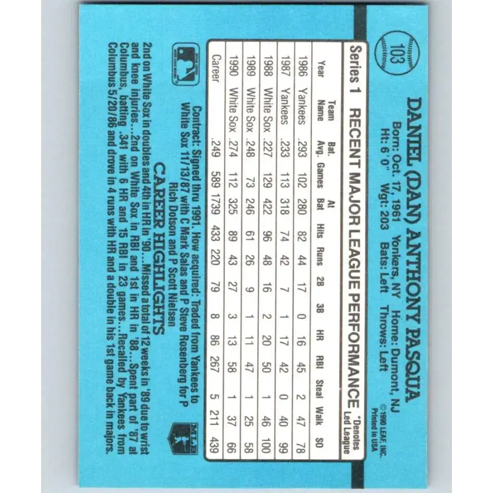 1991 Donruss #103 Dan Pasqua NM-MT Chicago White Sox Baseball Card - Baseball Card Single