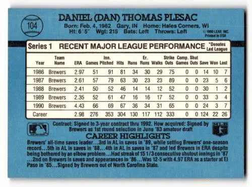 1991 Donruss #104 Dan Plesac Milwaukee Brewers Baseball Cards EX/NM ID:57705 - Baseball Card Single
