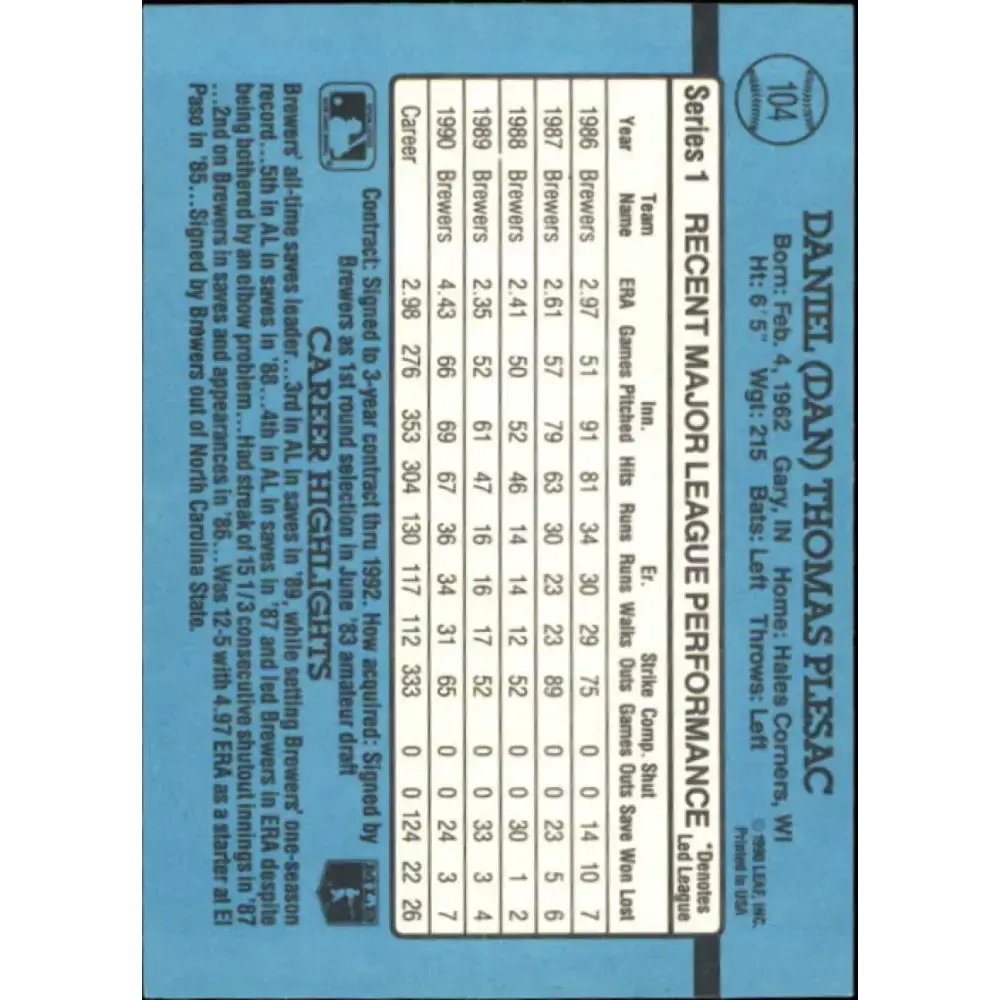 1991 Donruss #104 Dan Plesac NM-MT Milwaukee Brewers Baseball Card - Baseball Card Single