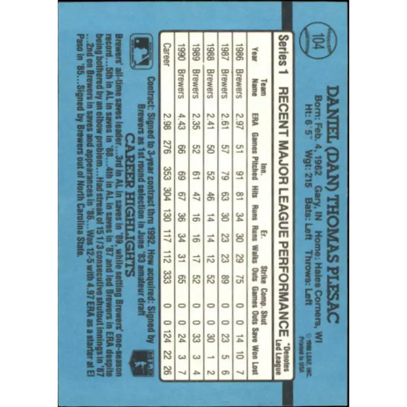1991 Donruss #104 Dan Plesac NM-MT Milwaukee Brewers Baseball Card - Baseball Card Single