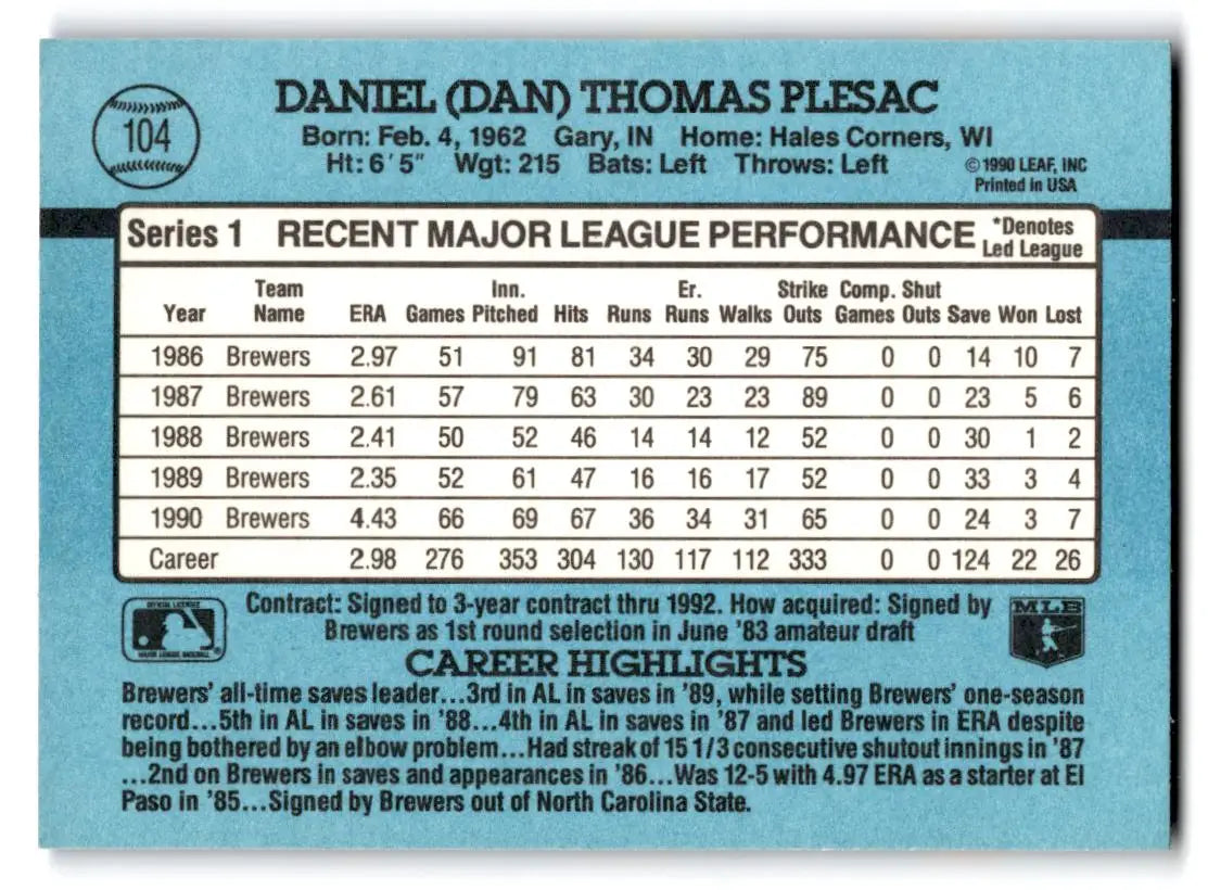 1991 Donruss #104a Dan Plesac - Baseball Card Single