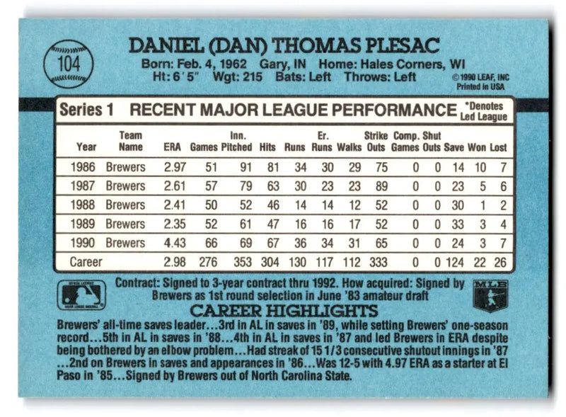 1991 Donruss #104a Dan Plesac - Baseball Card Single