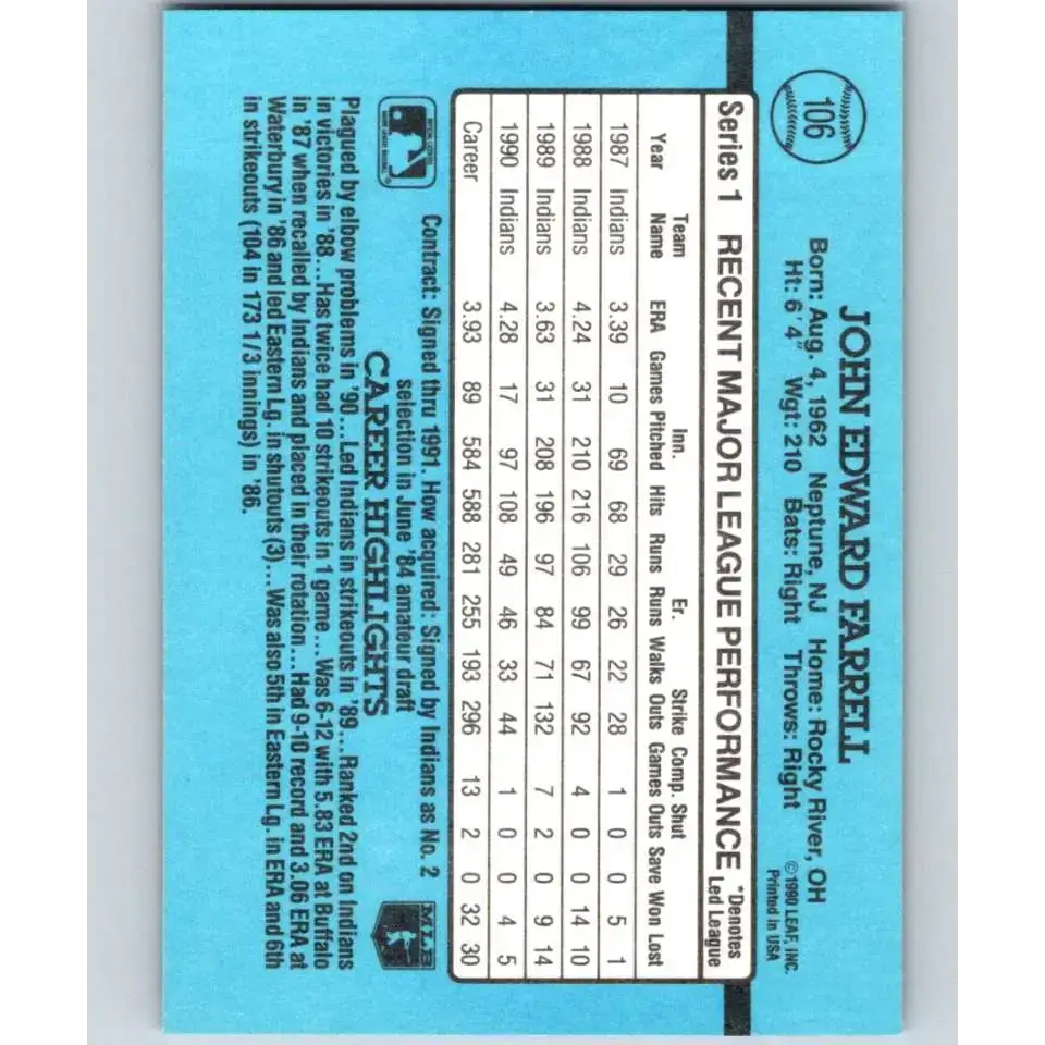 1991 Donruss #106 John Farrell NM-MT Cleveland Indians Baseball Card - Baseball Card Single
