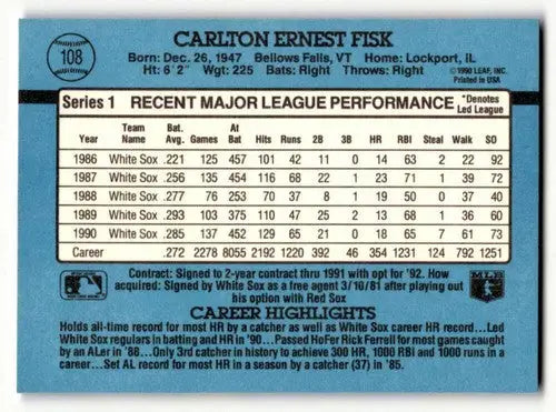 1991 Donruss #108 Carlton Fisk Chicago White Sox Baseball Cards EX/N ID:57663 - Baseball Card Single