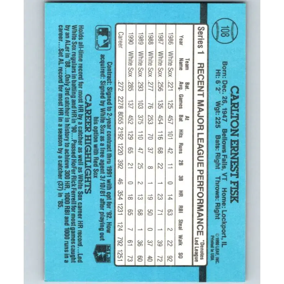 1991 Donruss #108 Carlton Fisk NM-MT Chicago White Sox Baseball Card - Baseball Card Single