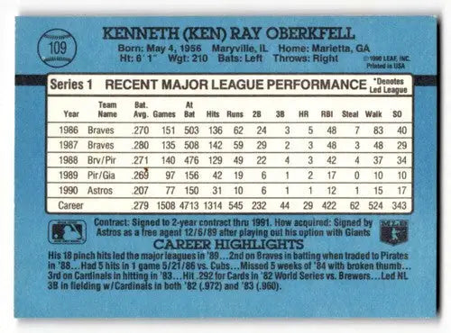 1991 Donruss #109 Ken Oberkfell Houston Astros Baseball Cards EX/NM ID:55354 - Baseball Card Single