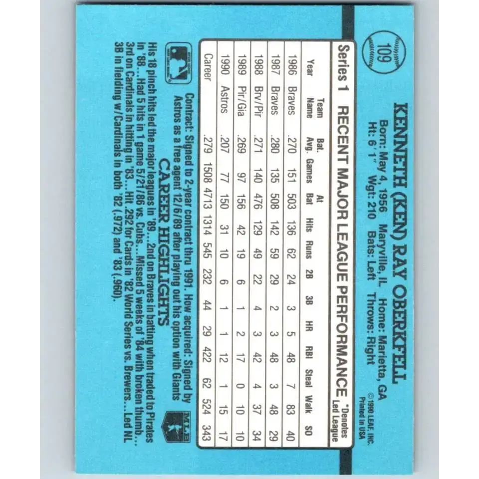 1991 Donruss #109 Ken Oberkfell NM-MT Houston Astros Baseball Card - Baseball Card Single