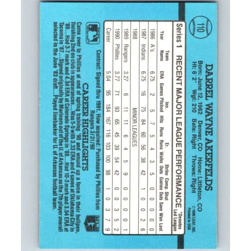 1991 Donruss #110 Darrel Akerfelds NM-MT Philadelphia Phillies Baseball Card - Baseball Card Single