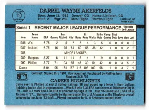 Original gloss baseball card back featuring Darrel Akerfelds of the Philadelphia Phillies