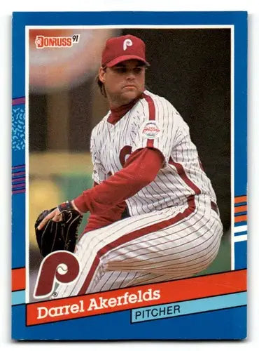 Original gloss Darrel Akerfelds baseball card from 1991 Donruss Philadelphia Phillies