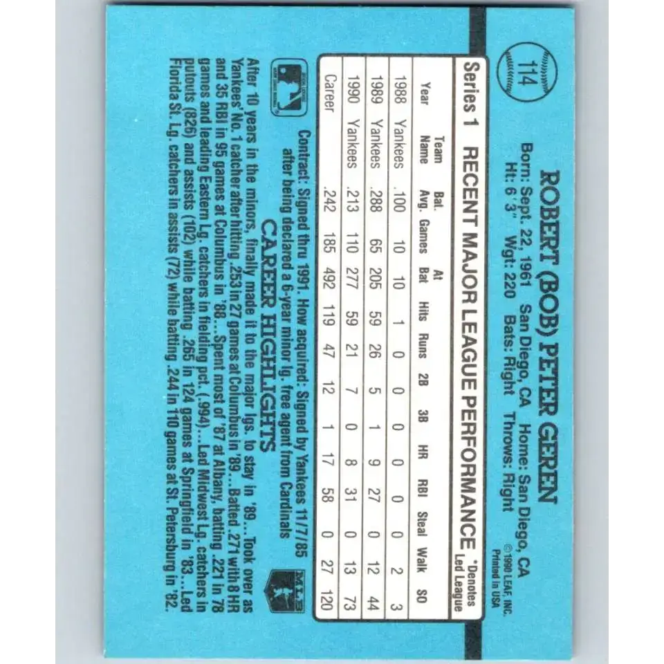 1991 Donruss #114 Bob Geren NM-MT New York Yankees Baseball Card - Baseball Card Single