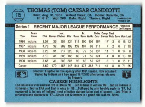 1991 Donruss #115 Tom Candiotti Cleveland Indians Baseball Cards EX/ ID:57691 - Baseball Card Single