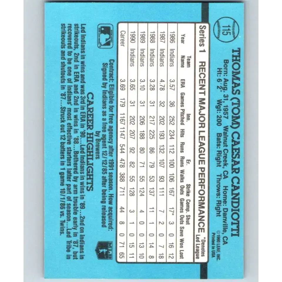 1991 Donruss #115 Tom Candiotti NM-MT Cleveland Indians Baseball Card - Baseball Card Single