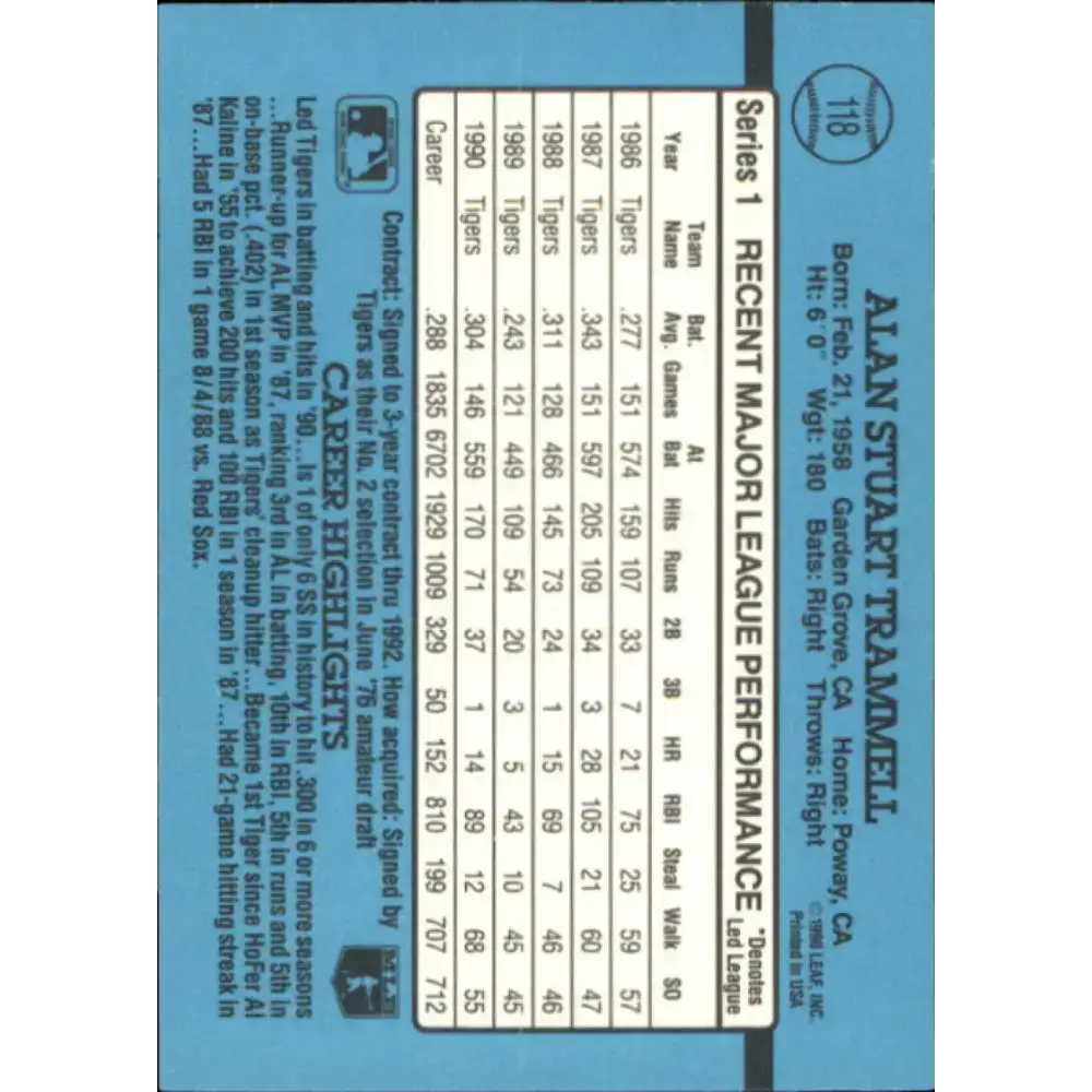1991 Donruss #118 Alan Trammell NM-MT Detroit Tigers Baseball Card - Baseball Card Single