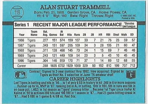 Back of 1991 Donruss #118 Alan Trammell NM-MT Tigers with player stats and highlights