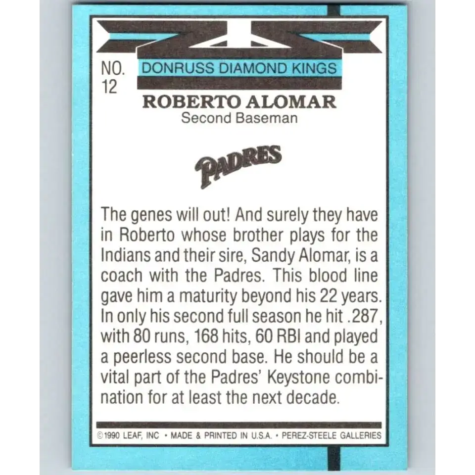 1991 Donruss #12 Roberto Alomar DK UER NM-MT San Diego Padres Baseball Card - Baseball Card Single