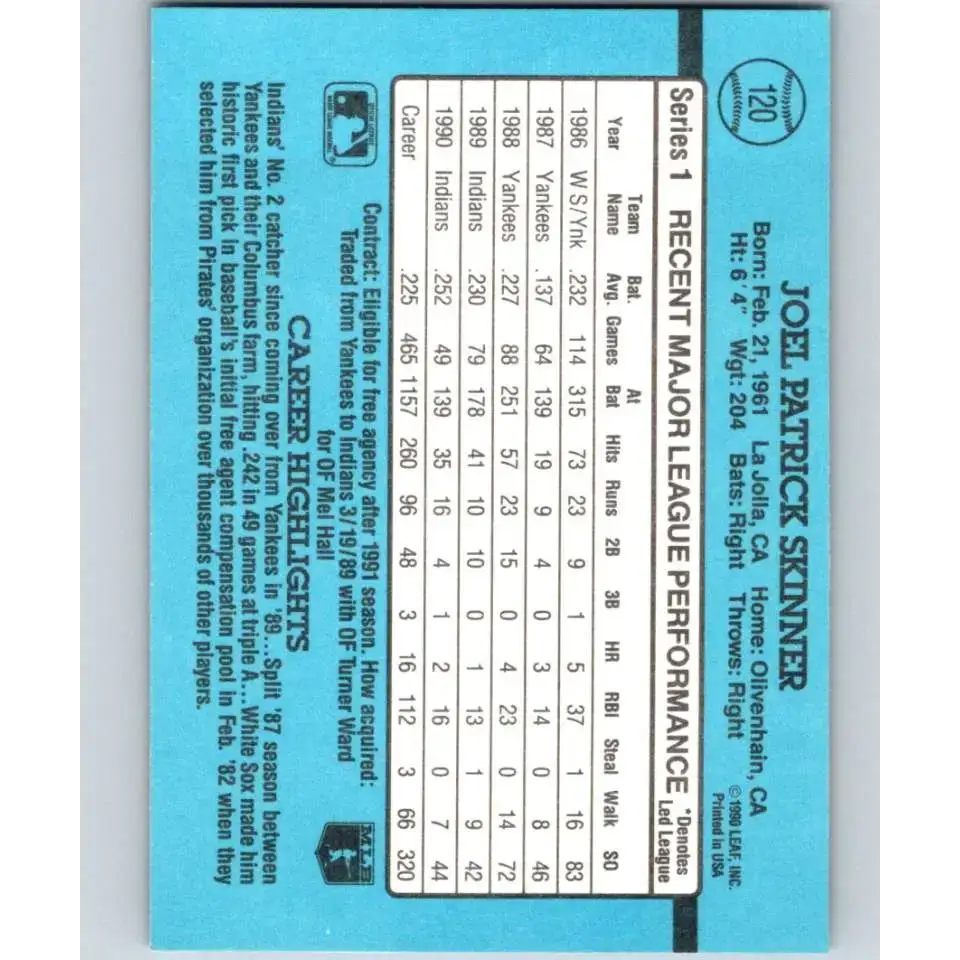 1991 Donruss #120 Joel Skinner NM-MT Cleveland Indians Baseball Card - Baseball Card Single