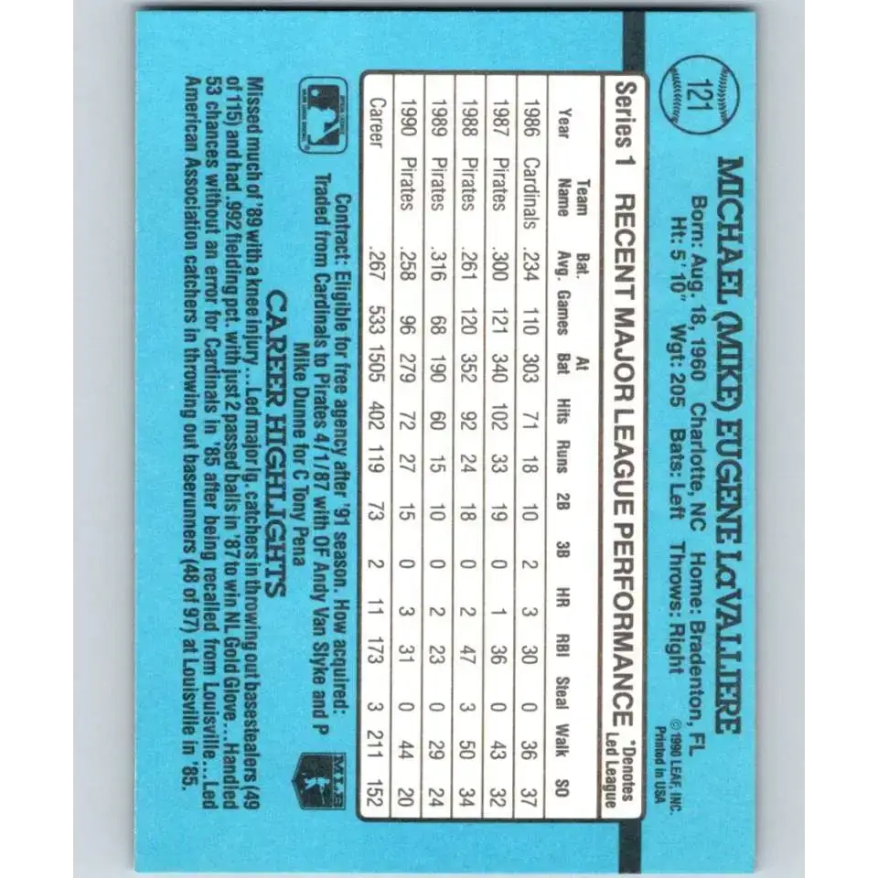 1991 Donruss #121 Mike LaValliere NM-MT Pittsburgh Pirates Baseball Card - Baseball Card Single