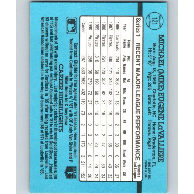 1991 Donruss #121 Mike LaValliere NM-MT Pittsburgh Pirates Baseball Card - Baseball Card Single